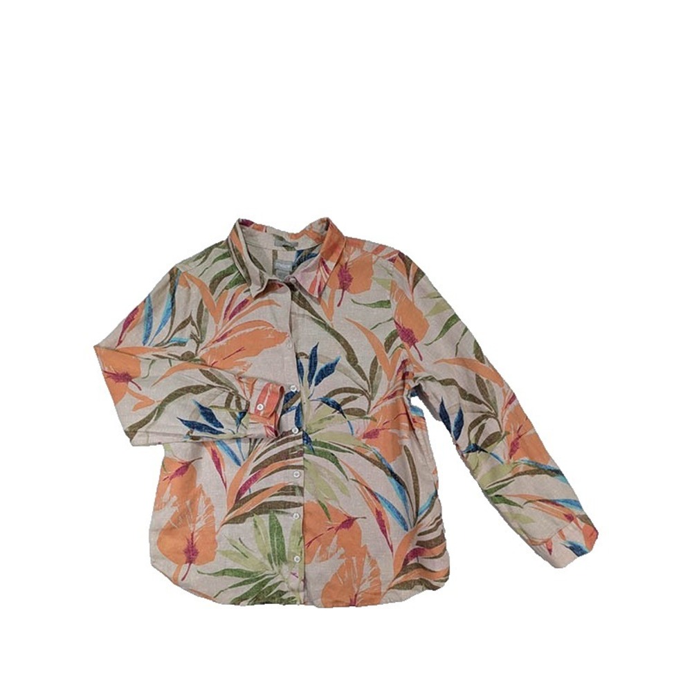 Chico's Linen Blouse Womens L 12 Botanical Tropical Resort Coastal Boho Vacation